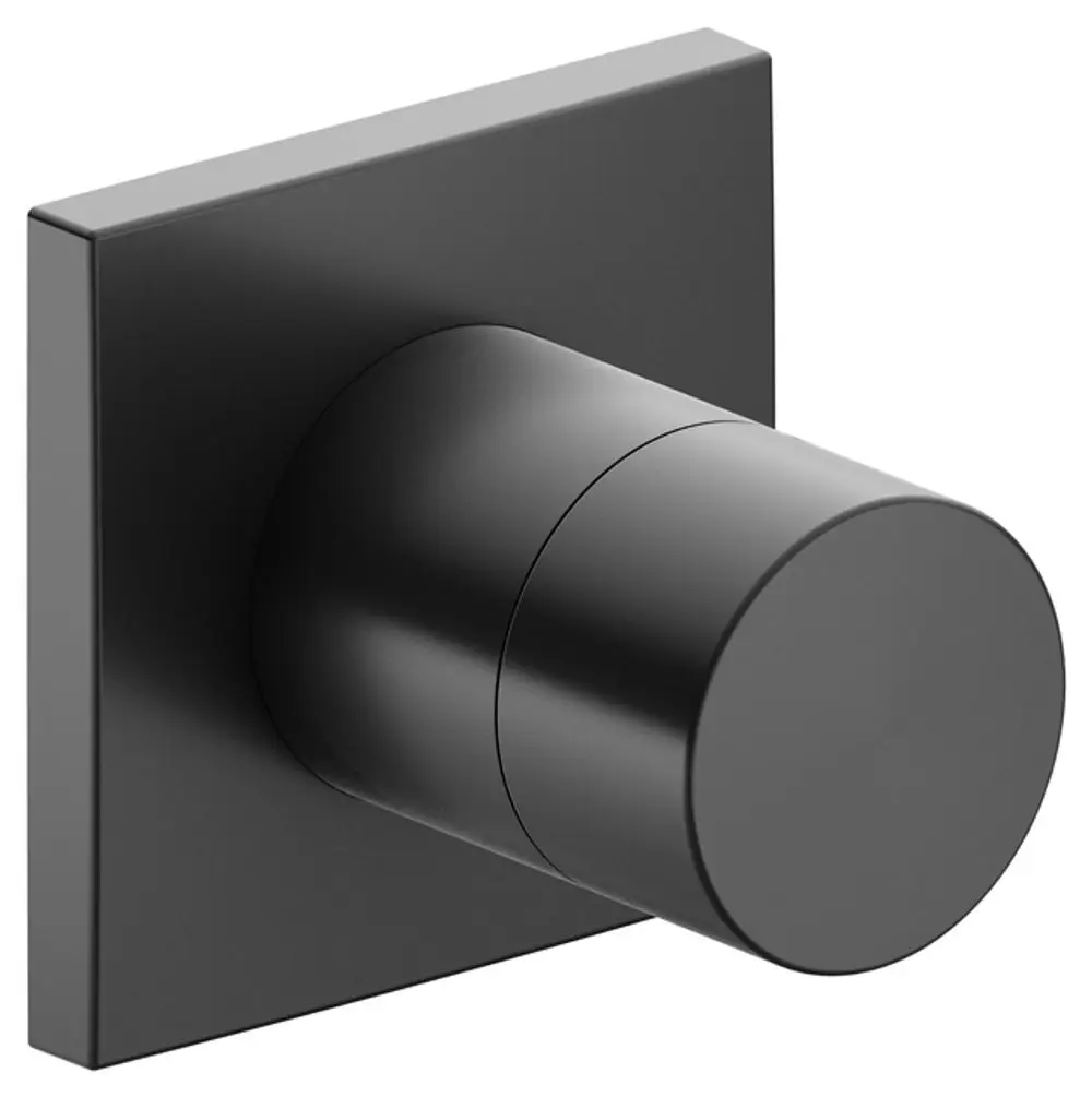 Schwarzes, quadratisches Absperrventil von Keuco mit zylindrischem Griff. Die Oberfläche ist gebürstet, und das Design ist schlicht und modern.